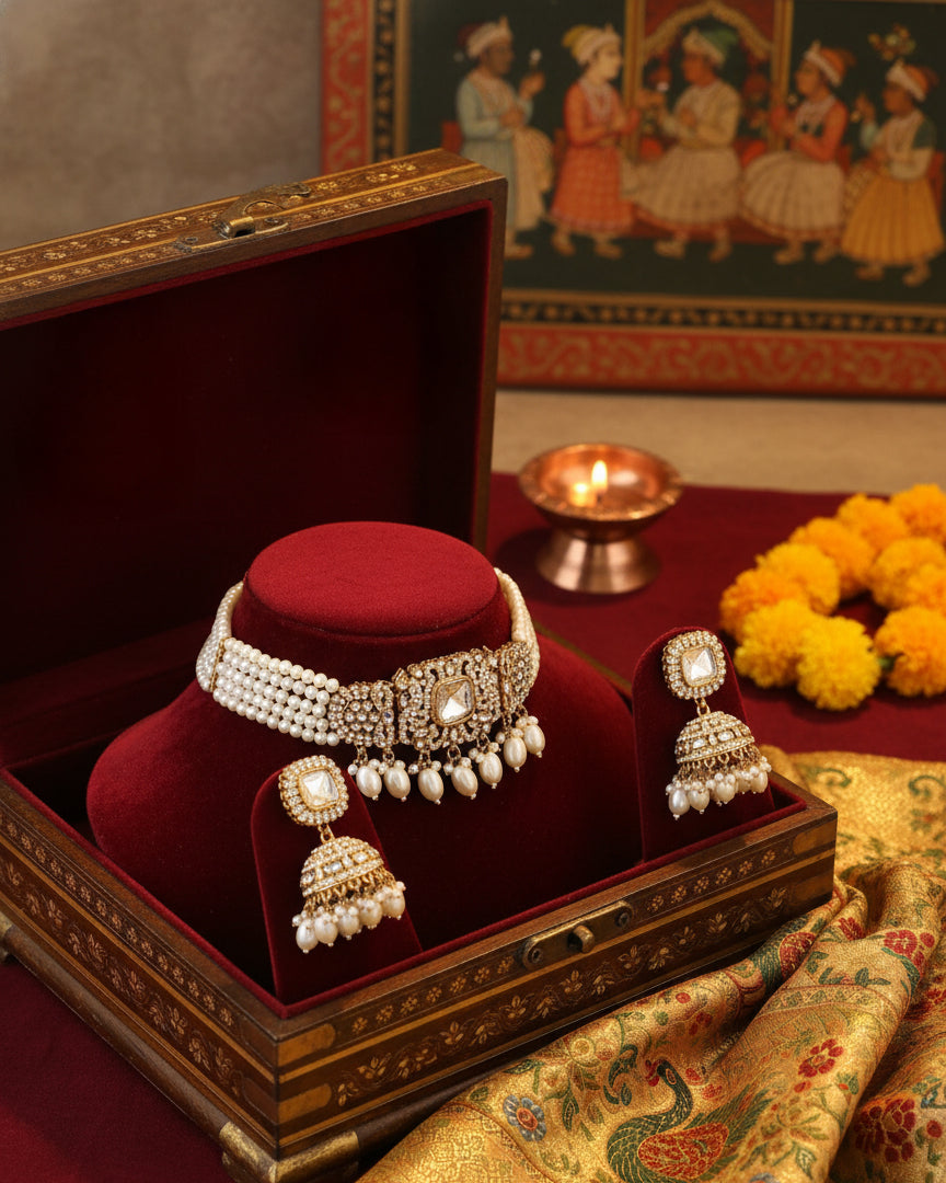 Saurya Pearl Choker Necklace Set With Earring & Teeka