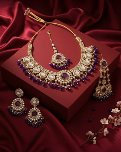 Purple Laviza Premium Polki Dupe Necklace Earring with Teeka and Side Jhumar/Passa