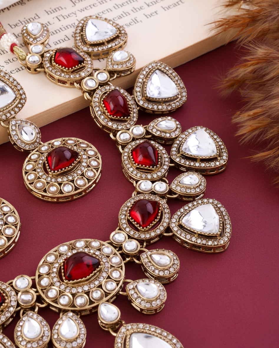 Red Kavita Premium Polki Dupe Necklace with Earring and Teeka