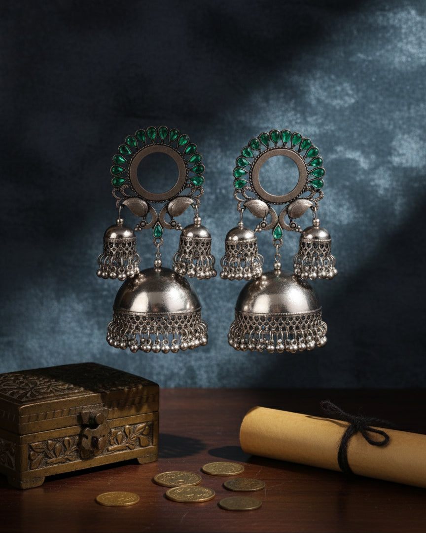 Green Aroosa Silver Oxidised Jhumka Earrings