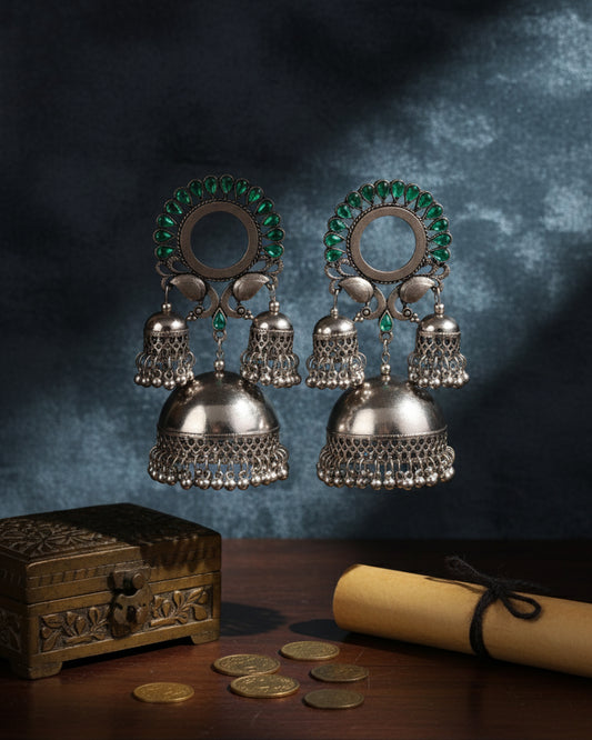 Green Aroosa Silver Oxidised Jhumka Earrings