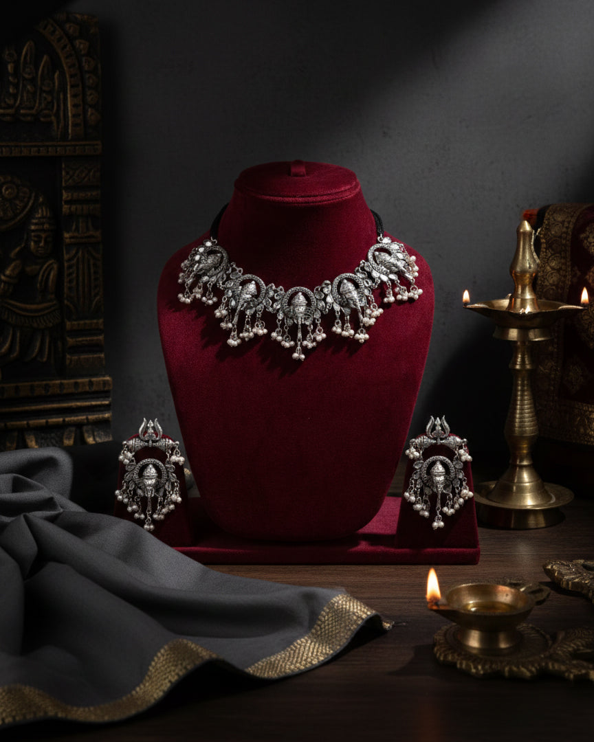 Silver Omkar Ganesha Oxidised Necklace With Earrings