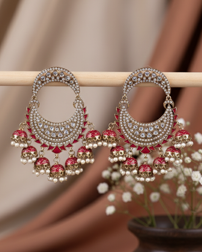 Red Anvika Desginer Meenakari Chandbali Jhumki Earring
