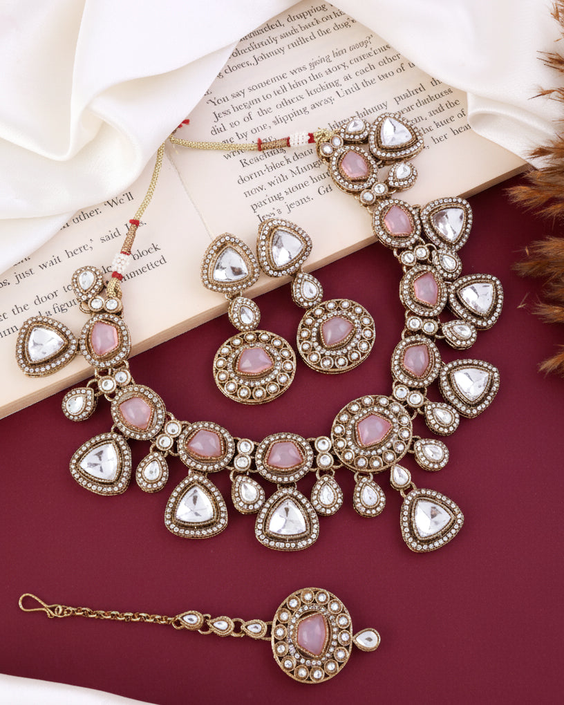 Blush Kavita Premium Polki Dupe Necklace with Earring and Teeka