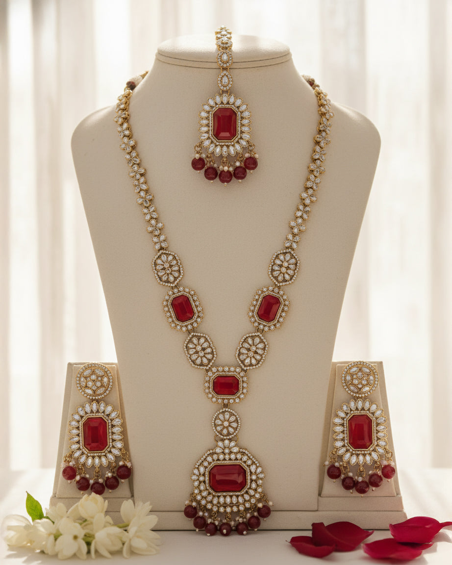 Red Naavir Premium Polki Dupe Long Necklace with Earring and Teeka