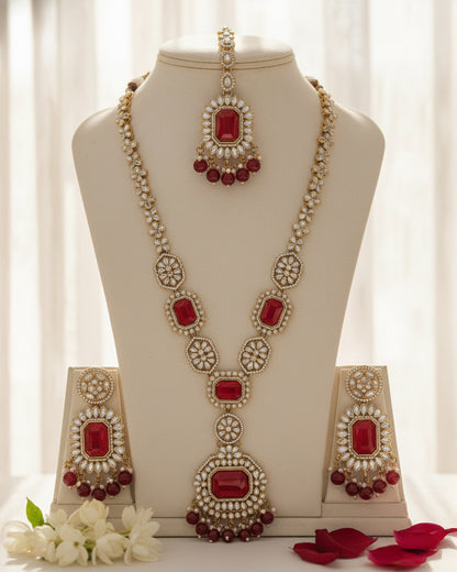 Red Naavir Premium Polki Dupe Long Necklace with Earring and Teeka