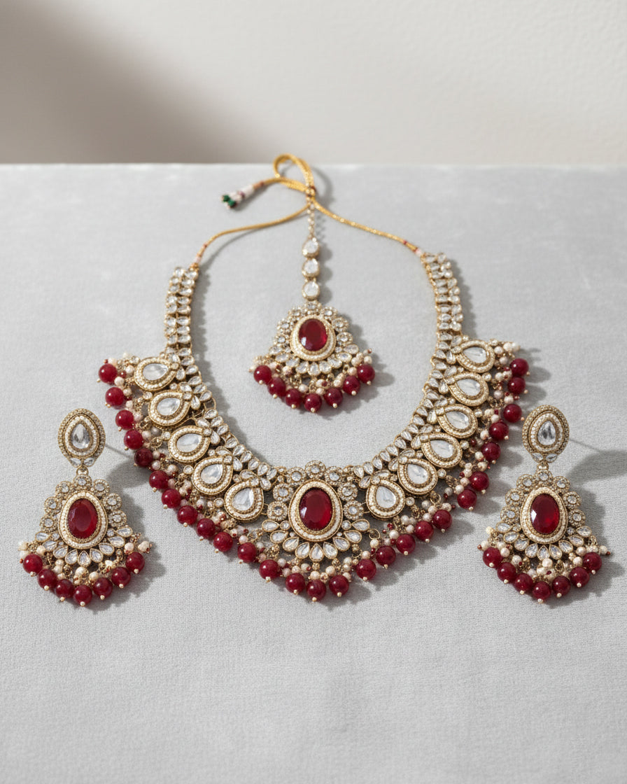 Red Kavisha Premium Polki Dupe Necklace Set with Earring and Teeka