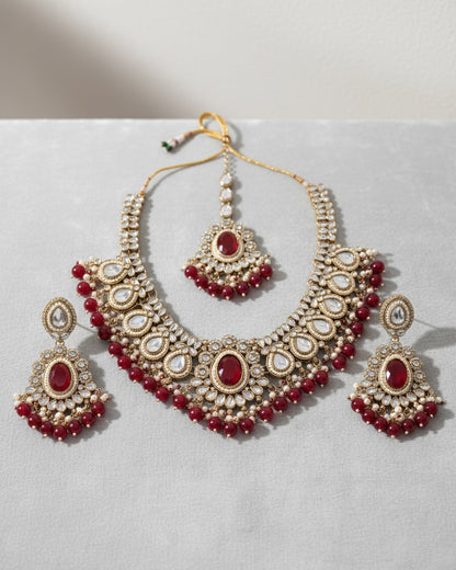 Red Kavisha Premium Polki Dupe Necklace Set with Earring and Teeka