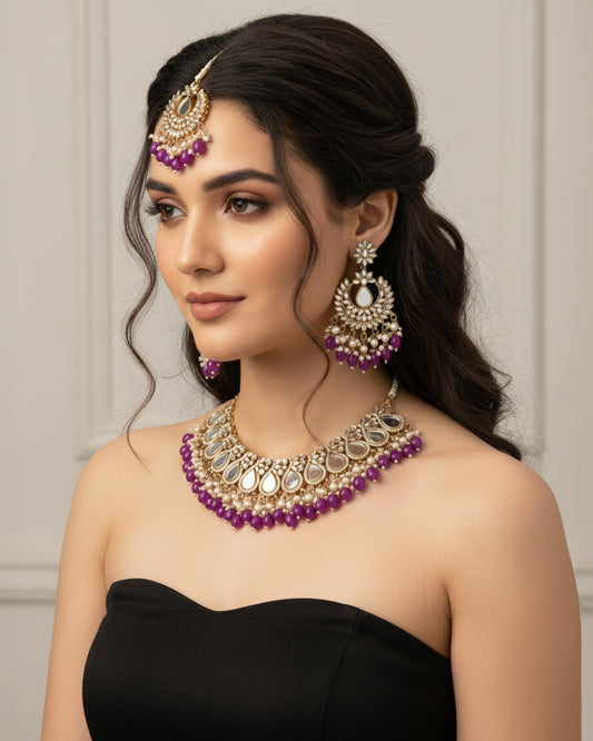 Purple Sehnaz Mirror Necklace Earring & Maangteeka