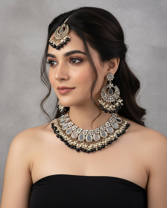 Black Sehnaz Mirror Necklace Earring & Maangteeka