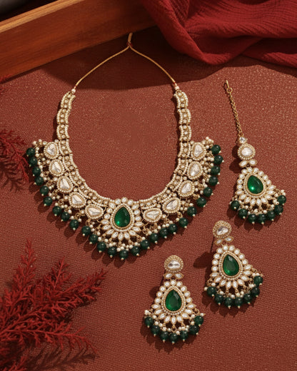 Green Savira Premium Polki Dupe Necklace with Earring and Teeka