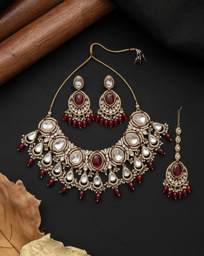 Red Naadiya Premium Polki Dupe Necklace with Earring and Teeka