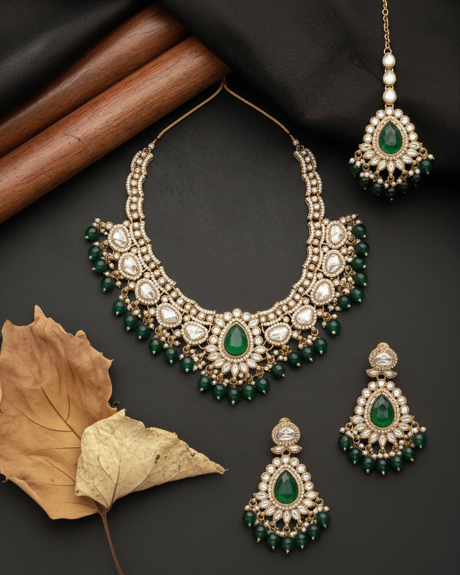 Green Savira Premium Polki Dupe Necklace with Earring and Teeka