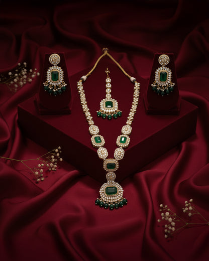 Green Naavir Premium Polki Dupe Long Necklace with Earring and Teeka
