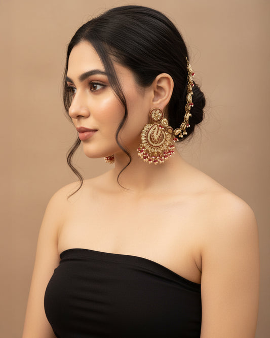 Red Arajashree Bahubali Chandbali with Sahara
