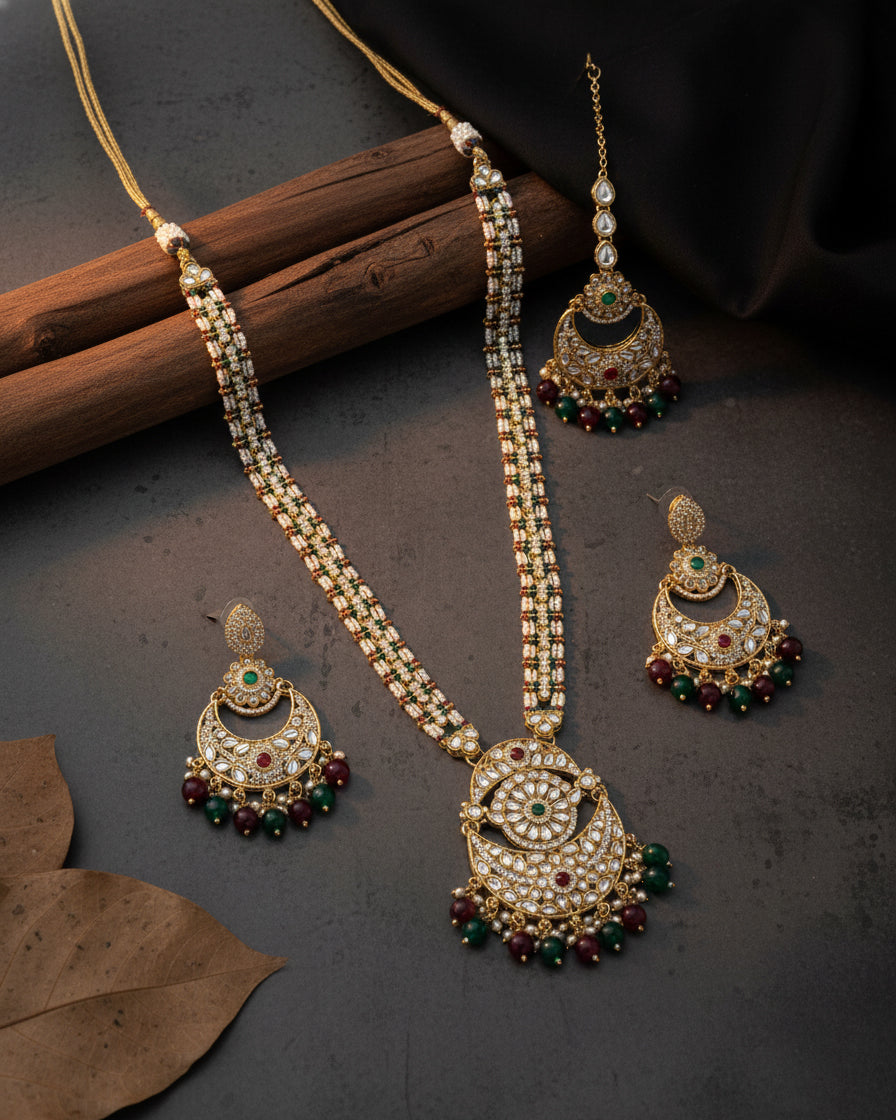 Red Green Travini Premium Long Necklace With Earring & Teeka