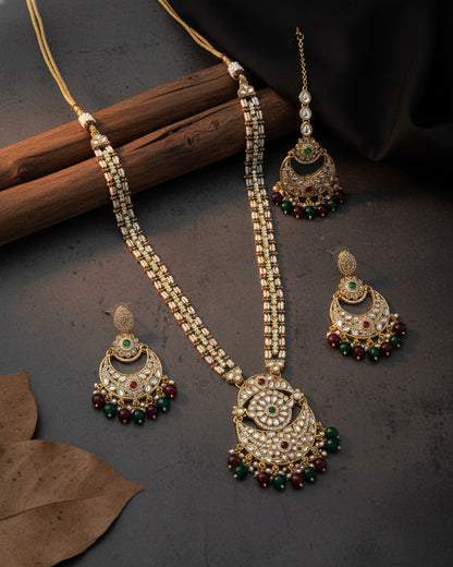 Red Green Travini Premium Long Necklace With Earring & Teeka