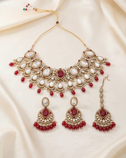 Red Naadiya Premium Polki Dupe Necklace with Earring and Teeka