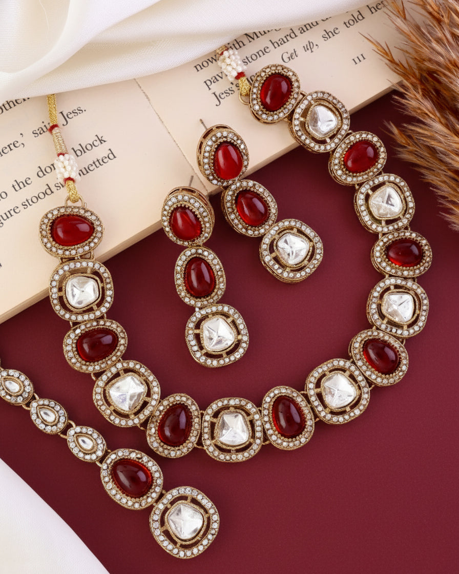 Ruby Rishita Premium Polki Dupe Necklace with Earring and Teeka