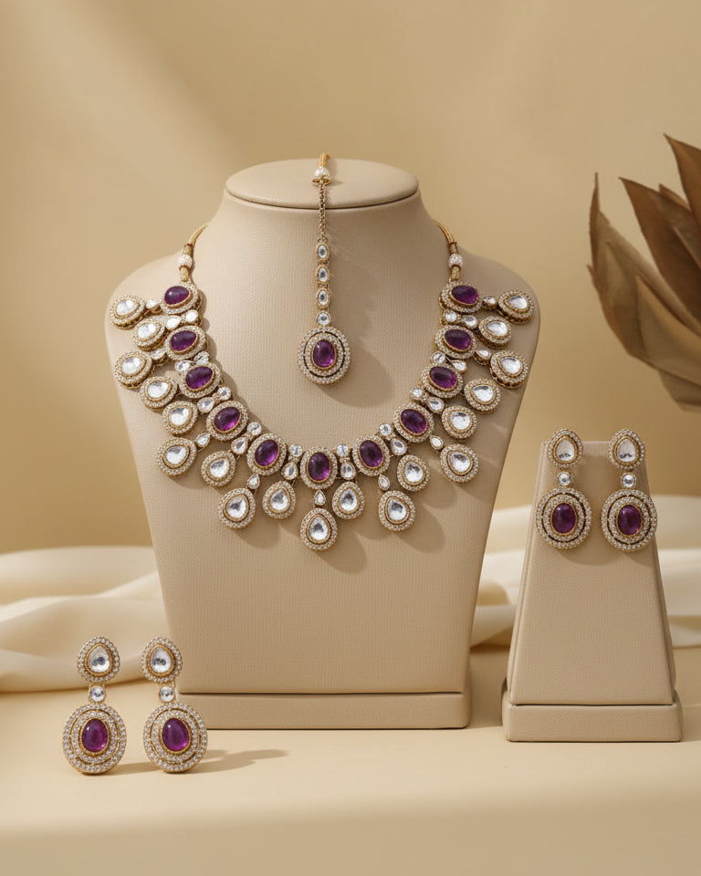 Purple Sehaj Premium Polki Dupe Necklace with Earring and Teeka