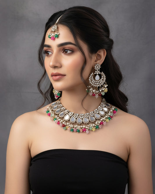 Multi Sehnaz Mirror Necklace Earring & Maangteeka