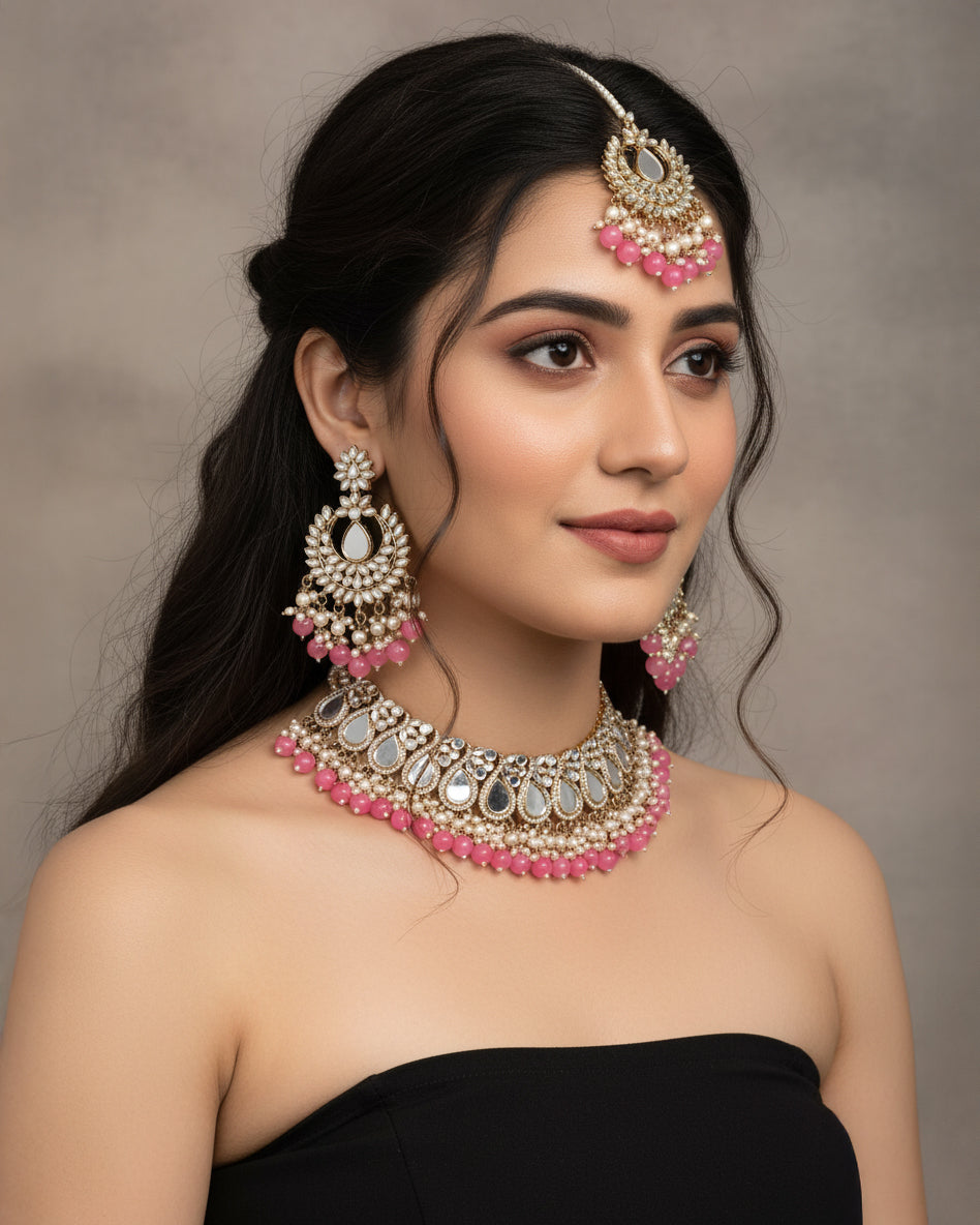 Blush Sehnaz Mirror Necklace Earring & Maangteeka
