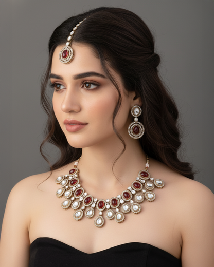 Maroon Sehaj Premium Polki Dupe Necklace with Earring and Teeka