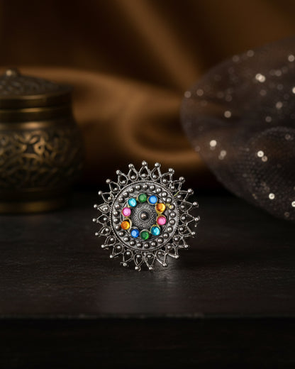 Multi Romi Oxidised Stone Ring