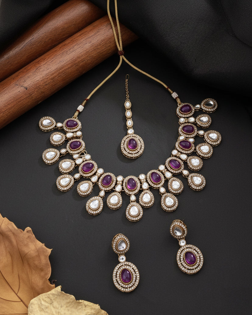 Purple Sehaj Premium Polki Dupe Necklace with Earring and Teeka