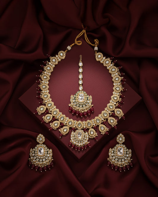Red Noorika Heritage Kundan Necklace Set With Earring & Maangteeka