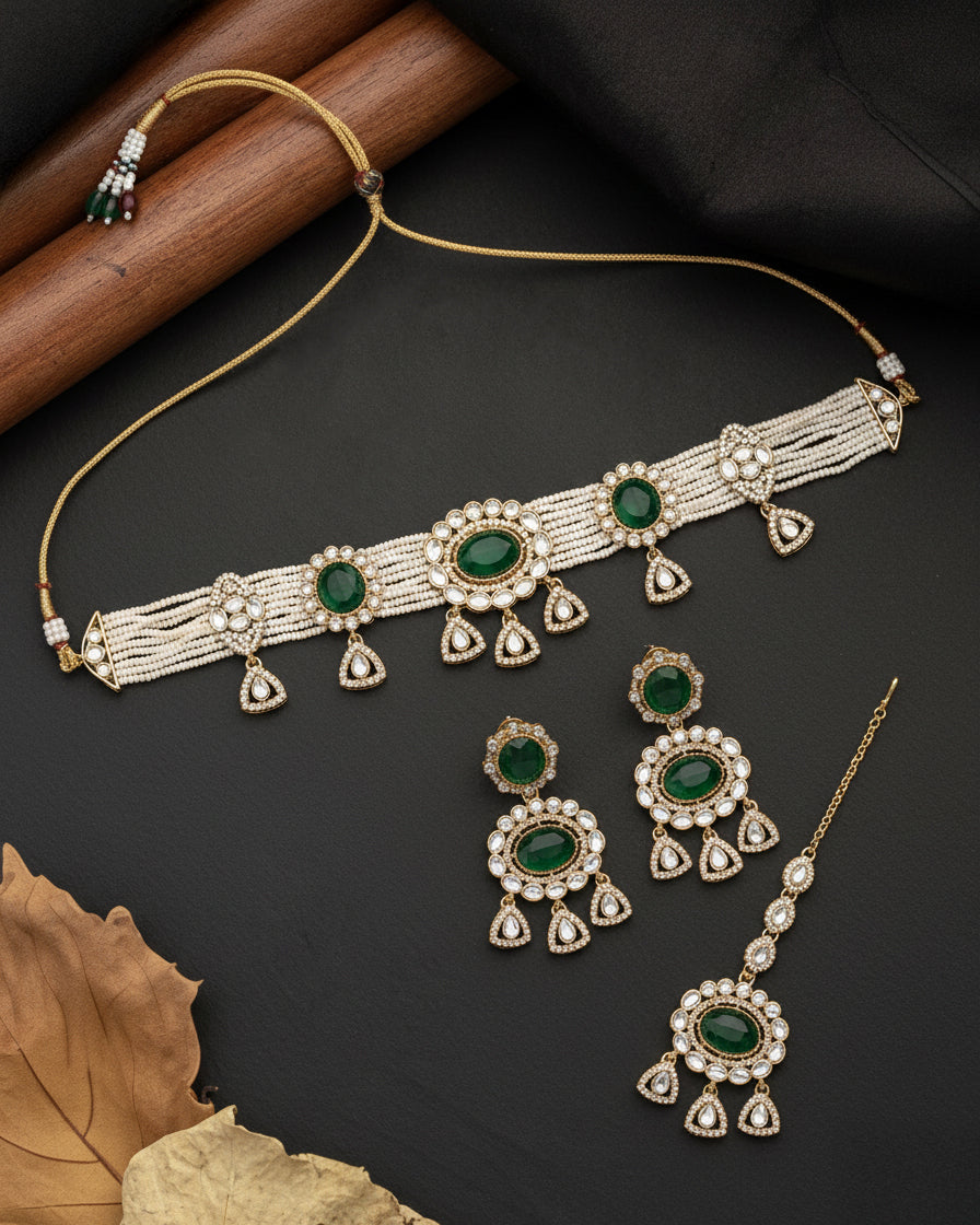 Green Suhen Premium Polki Dupe Choker Necklace With Earring & Teeka