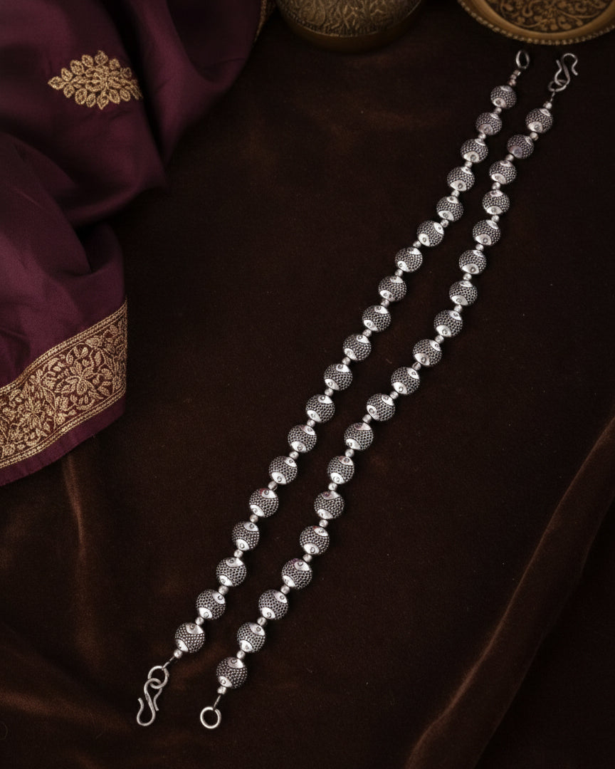 Silver Zoravar Oxidised Anklet - 2 Pair
