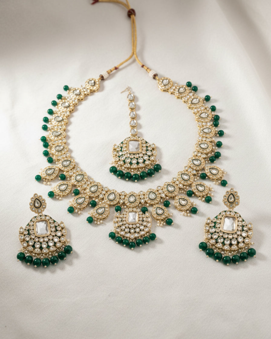Green Noorika Heritage Kundan Necklace Set With Earring & Maangteeka