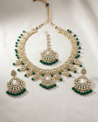 Green Noorika Heritage Kundan Necklace Set With Earring & Maangteeka