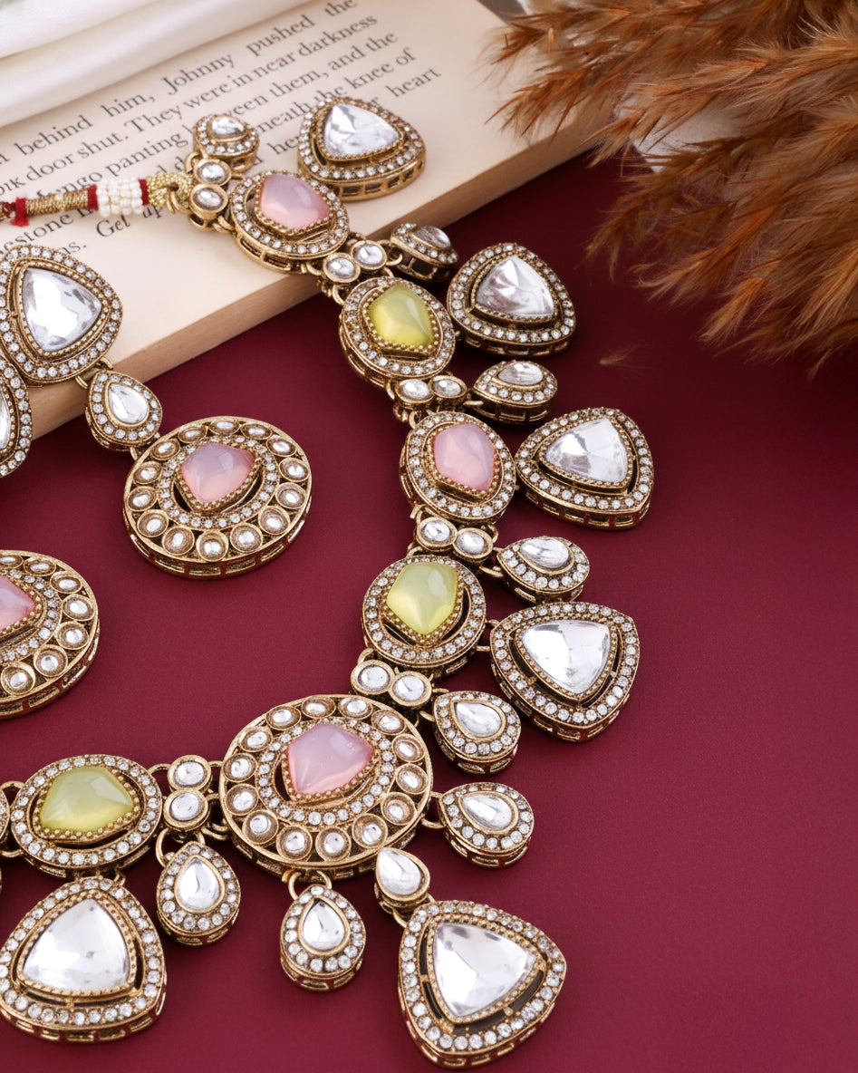 Pastel Kavita Premium Polki Dupe Necklace with Earring and Teeka