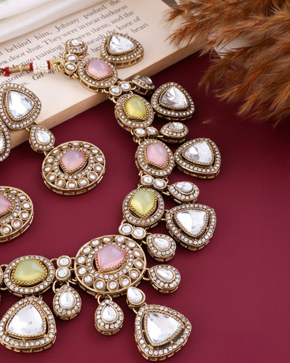 Pastel Kavita Premium Polki Dupe Necklace with Earring and Teeka