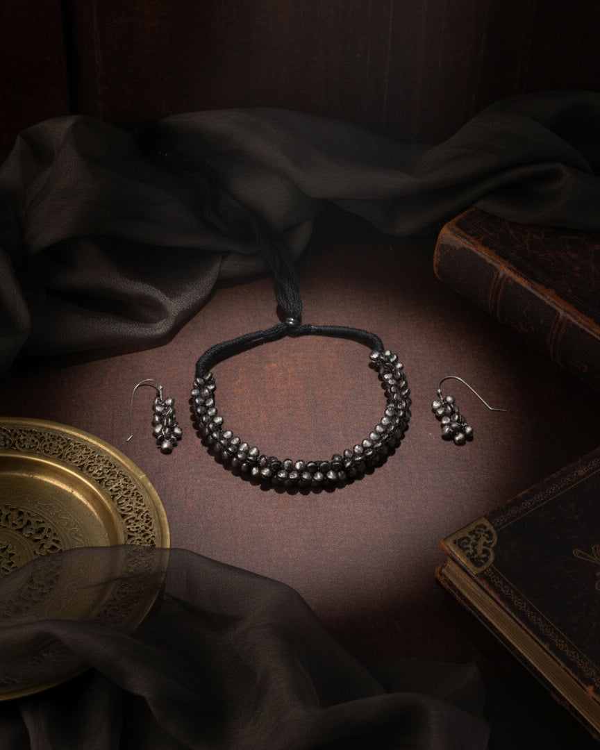 Silver Daaira Oxidised Necklace Set With Earrings
