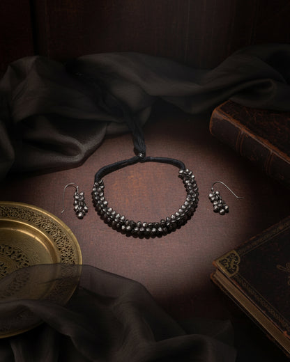 Silver Daaira Oxidised Necklace Set With Earrings