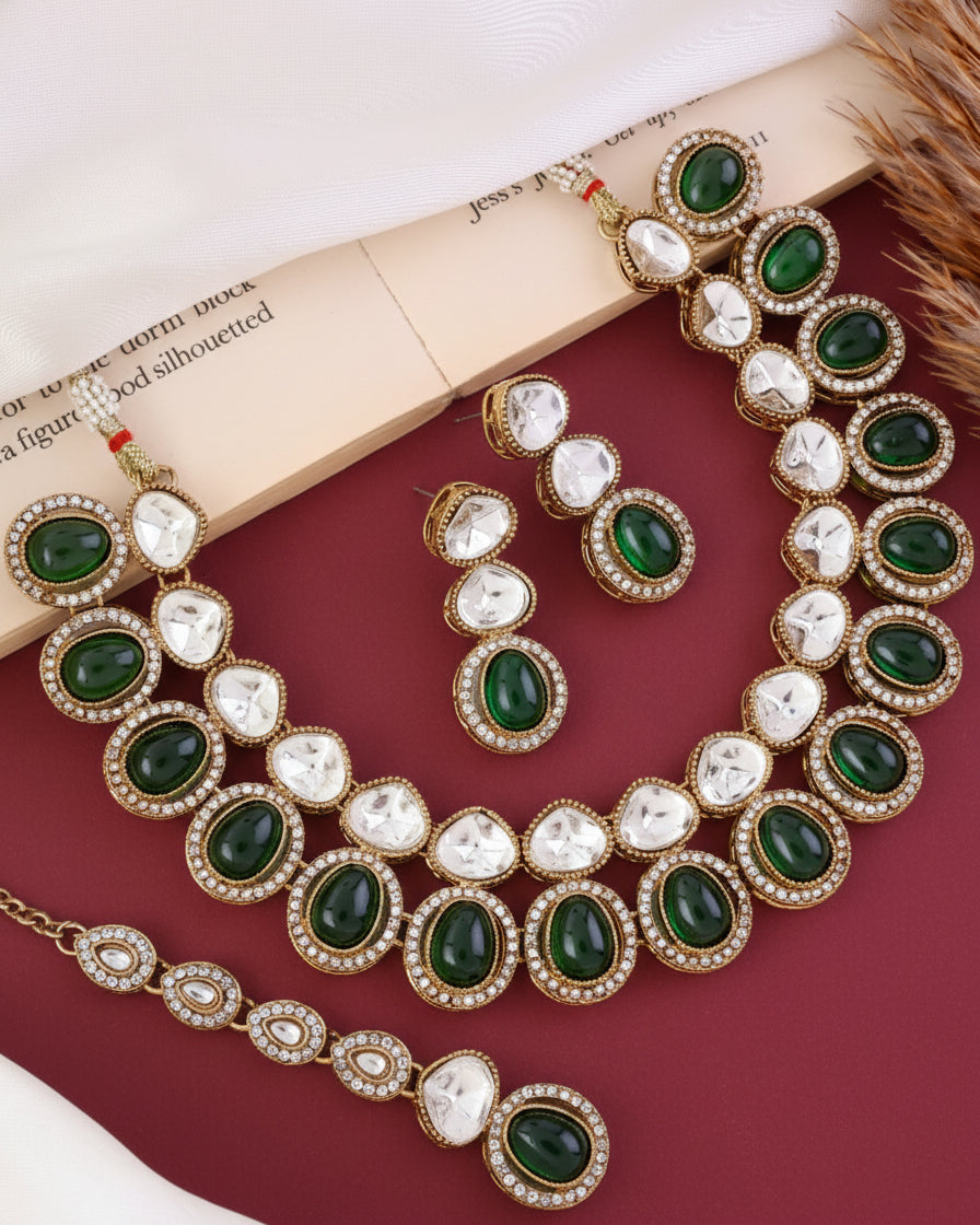 Emerald Arshiya Premium Polki Dupe Necklace with Earring and Teeka