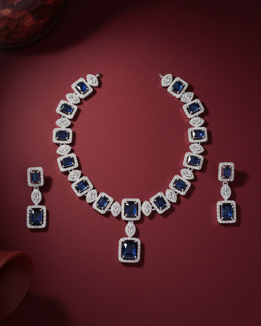 Blue Fiona AD Necklace Set with Earrings