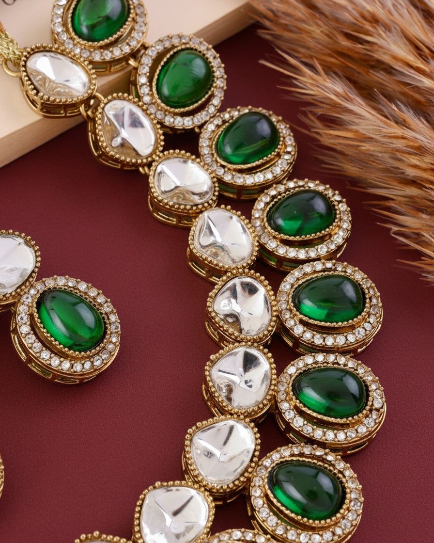 Emerald Arshiya Premium Polki Dupe Necklace with Earring and Teeka