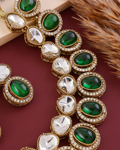 Emerald Arshiya Premium Polki Dupe Necklace with Earring and Teeka