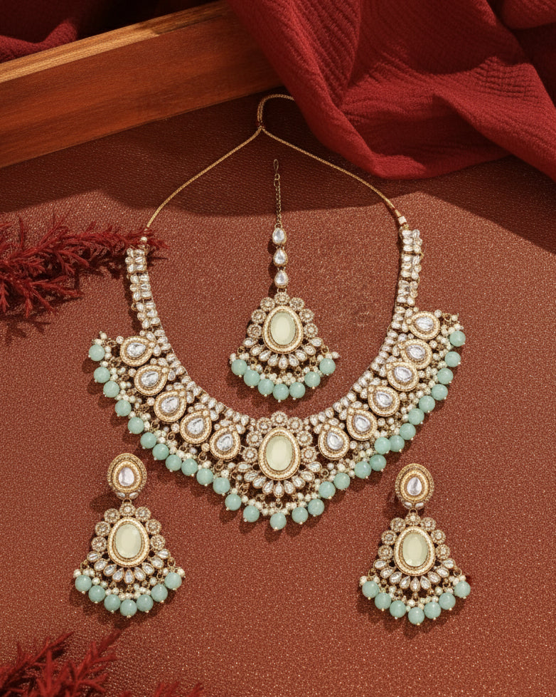 Turquoise Kavisha Premium Polki Dupe Necklace Set with Earring and Teeka