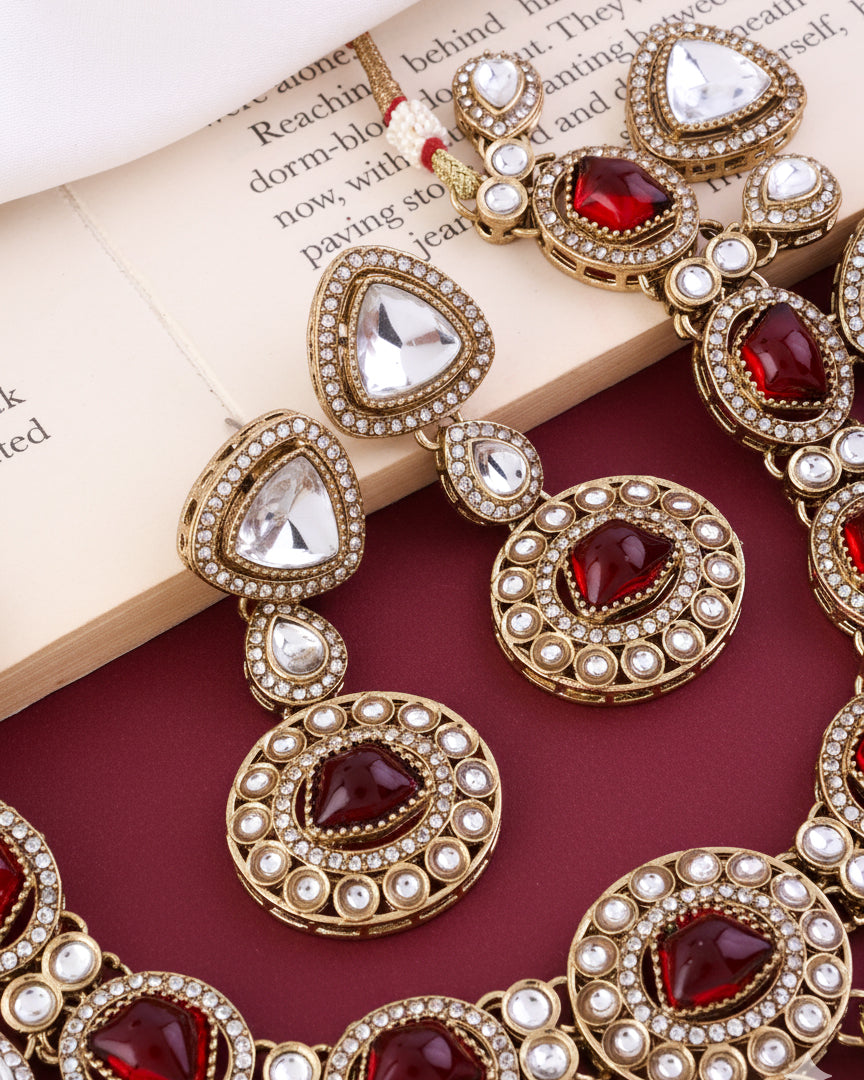 Red Kavita Premium Polki Dupe Necklace with Earring and Teeka