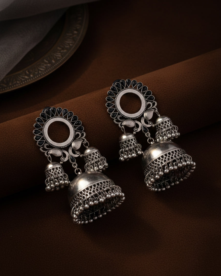 Black Aroosa Silver Oxidised Jhumka Earrings
