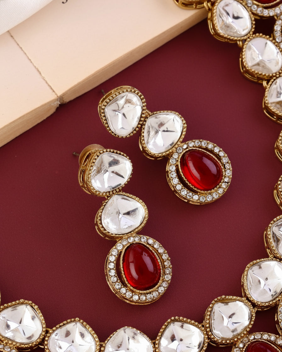Ruby Arshiya Premium Polki Dupe Necklace with Earring and Teeka