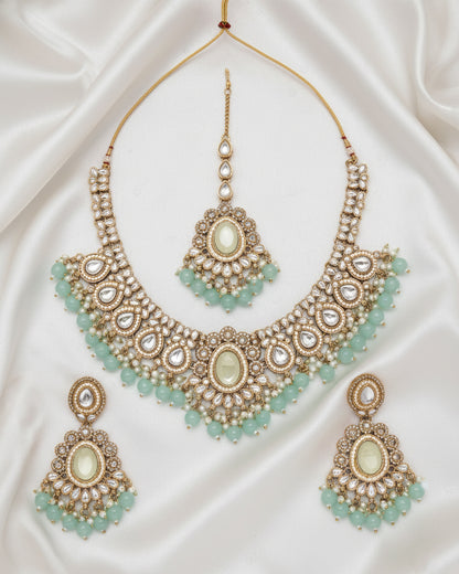 Turquoise Kavisha Premium Polki Dupe Necklace Set with Earring and Teeka