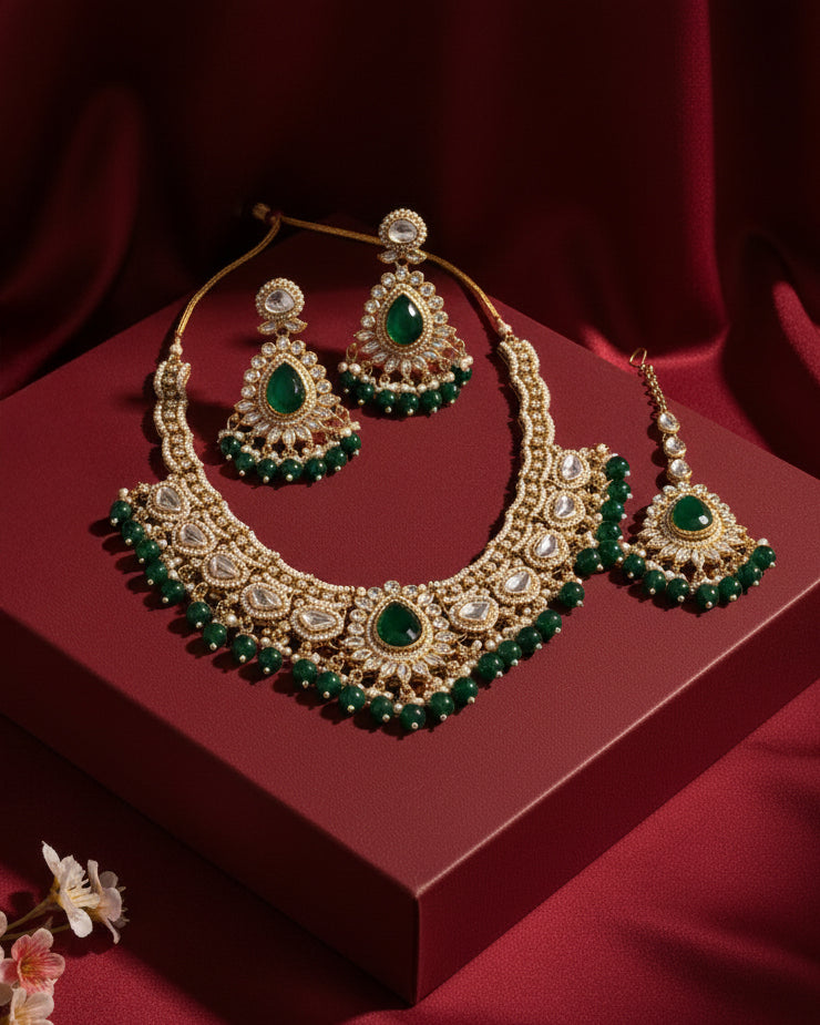 Green Savira Premium Polki Dupe Necklace with Earring and Teeka