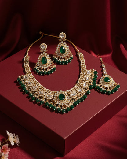 Green Savira Premium Polki Dupe Necklace with Earring and Teeka