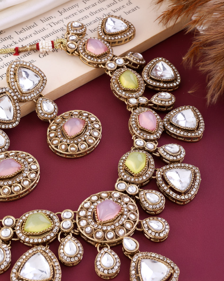 Pastel Kavita Premium Polki Dupe Necklace with Earring and Teeka